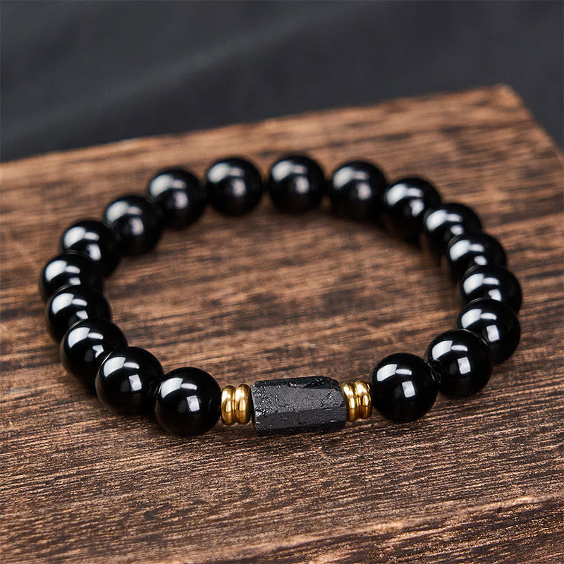 Obsidian Tourmaline Round Bead Bracelet