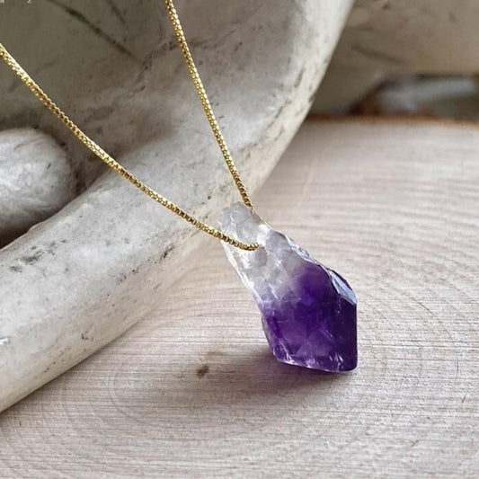 Raw Amethyst Purple Crystal Necklace With Golden Chain by Worn Within