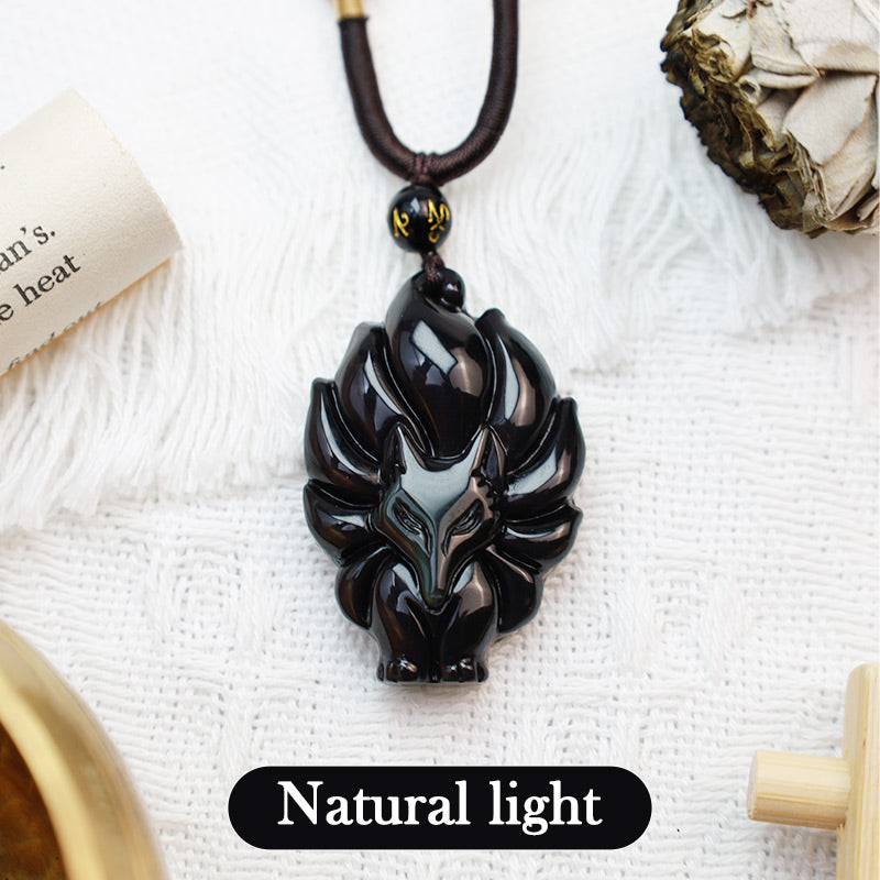 Obsidian Nine-Tailed Fox Pendant Necklace