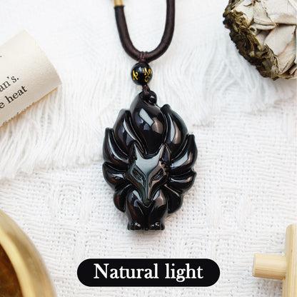 Obsidian Nine-Tailed Fox Pendant Necklace