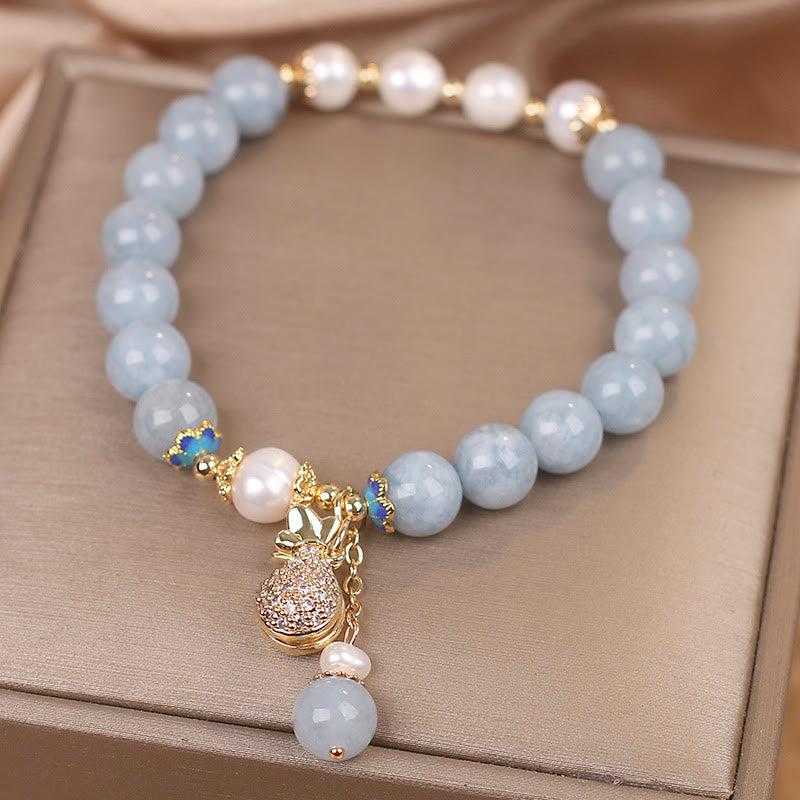 Aquamarine Pearl Money Bag Charm Bracelet