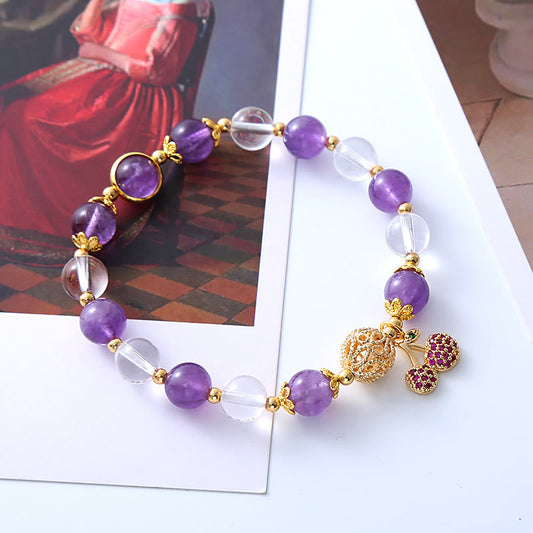 Amethyst White Crystal Cherry Charm Bracelet