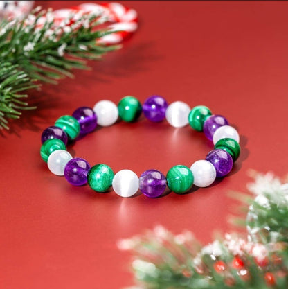 Amethyst Malachite Triple Bead Bracelet