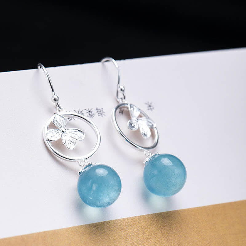 925 Sterling Silver Aquamarine Leaf Flower Earrings