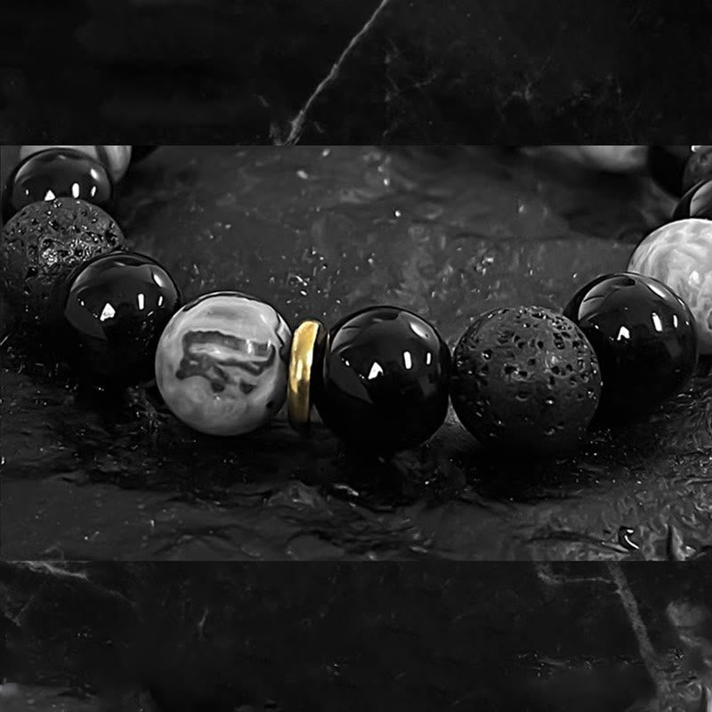 Black Obsidian Lava Rock Yin Yang Bracelet