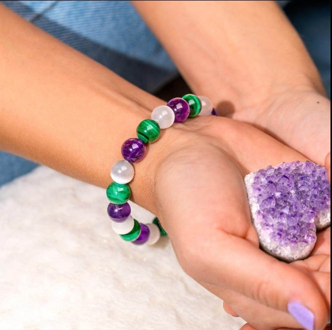 Amethyst Malachite Triple Bead Bracelet