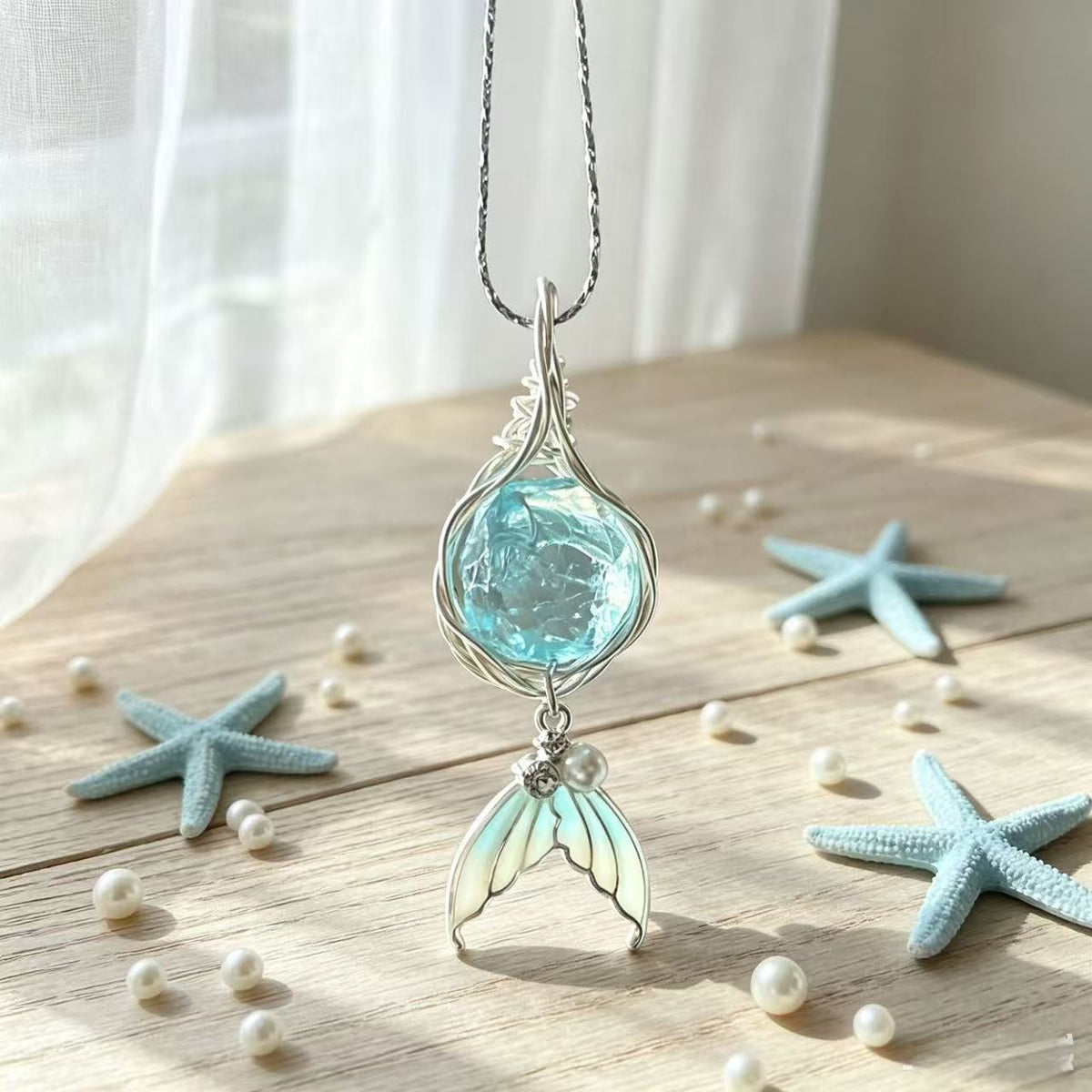 Ocean Spirit Aqua Crystal Mermaid Tail Necklace