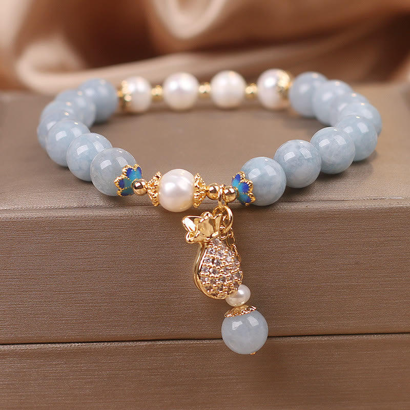 Aquamarine Pearl Money Bag Charm Bracelet