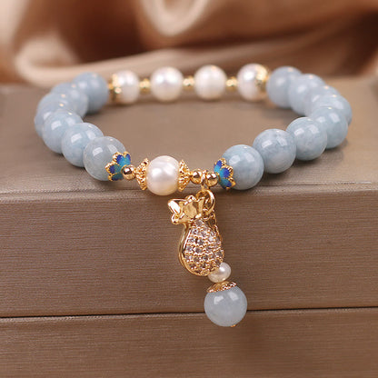 Aquamarine Pearl Money Bag Charm Bracelet