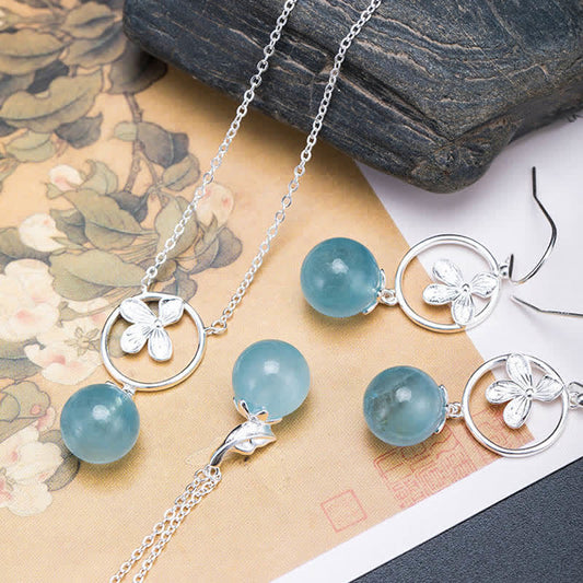 925 Sterling Silver Aquamarine Leaf Flower Earrings