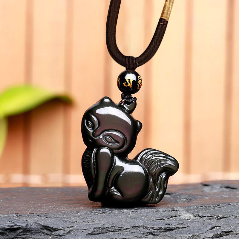 Obsidian Nine-Tailed Fox Pendant Necklace