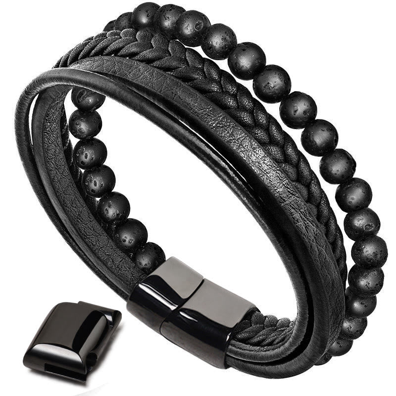 Lava Rock Black Onyx Bead Leather Bracelet by Worn Within