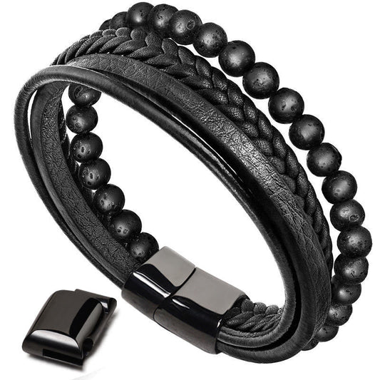 Lava Rock Black Onyx Bead Leather Bracelet by Worn Within