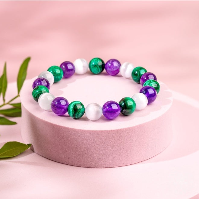 Amethyst Malachite Triple Bead Bracelet