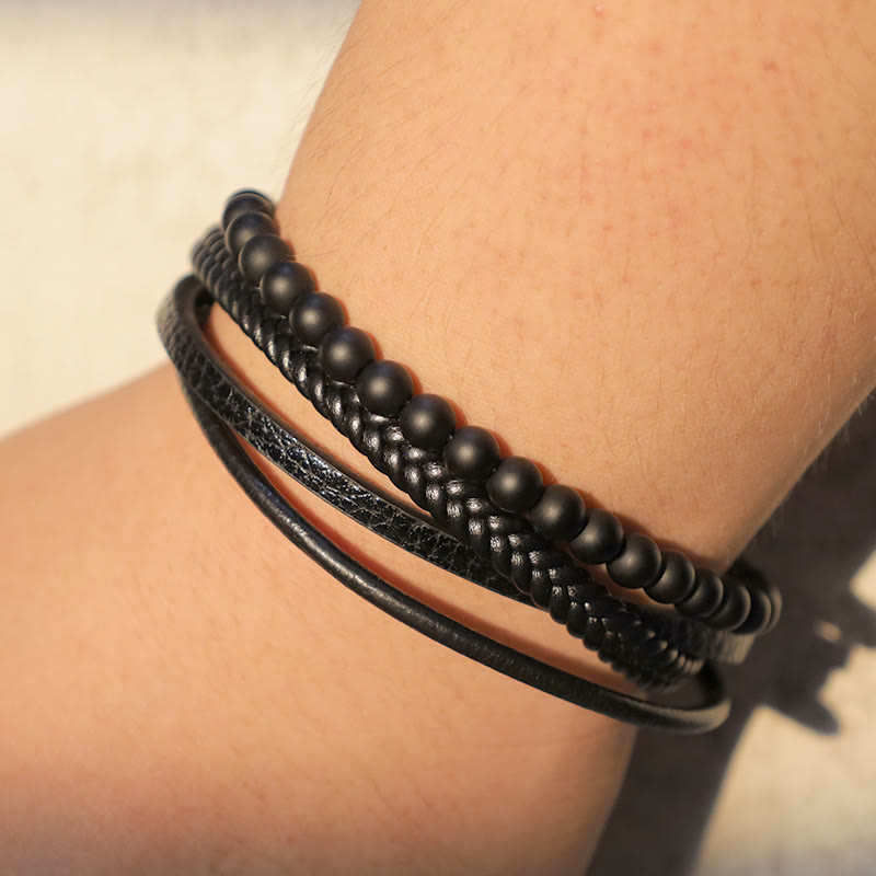 Lava Rock Black Onyx Bead Leather Bracelet