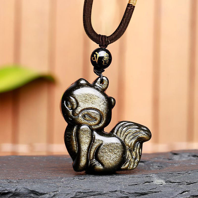 Obsidian Nine-Tailed Fox Pendant Necklace