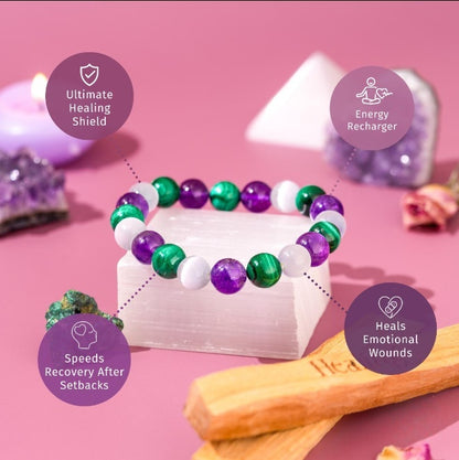 Amethyst Malachite Triple Bead Bracelet