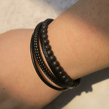 Lava Rock Black Onyx Bead Leather Bracelet