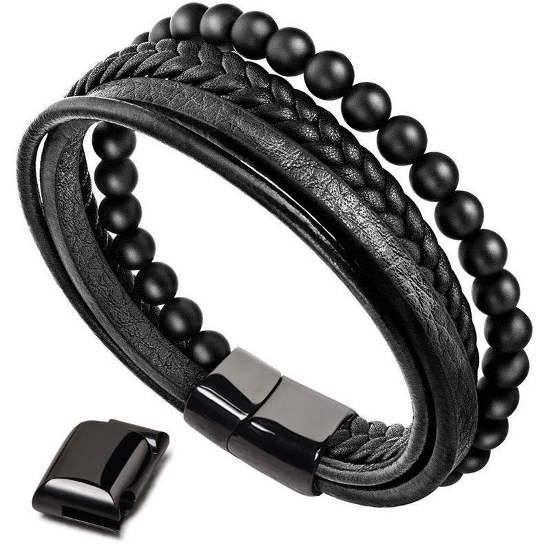 Lava Rock Black Onyx Bead Leather Bracelet