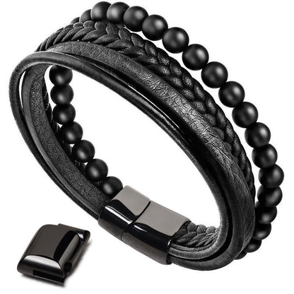 Lava Rock Black Onyx Bead Leather Bracelet