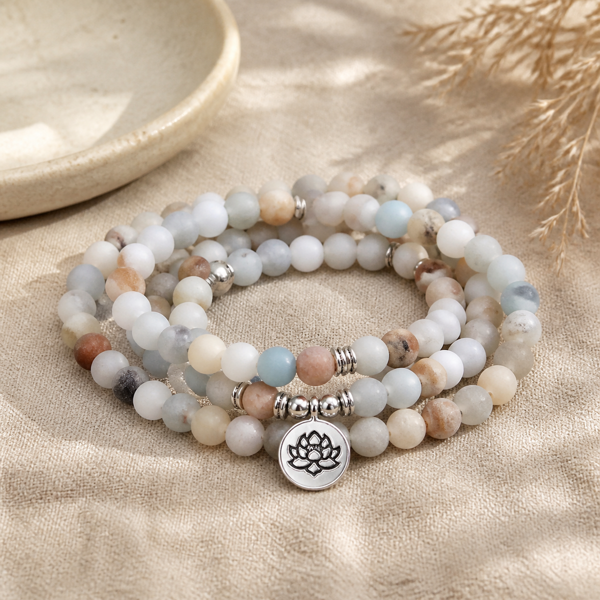 Serene Lotus Amazonite Mala Necklace & Wrap Bracelet