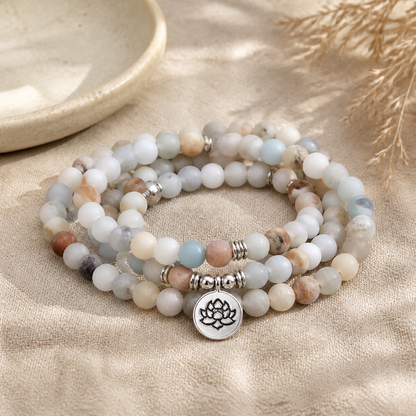 Serene Lotus Amazonite Mala Necklace & Wrap Bracelet