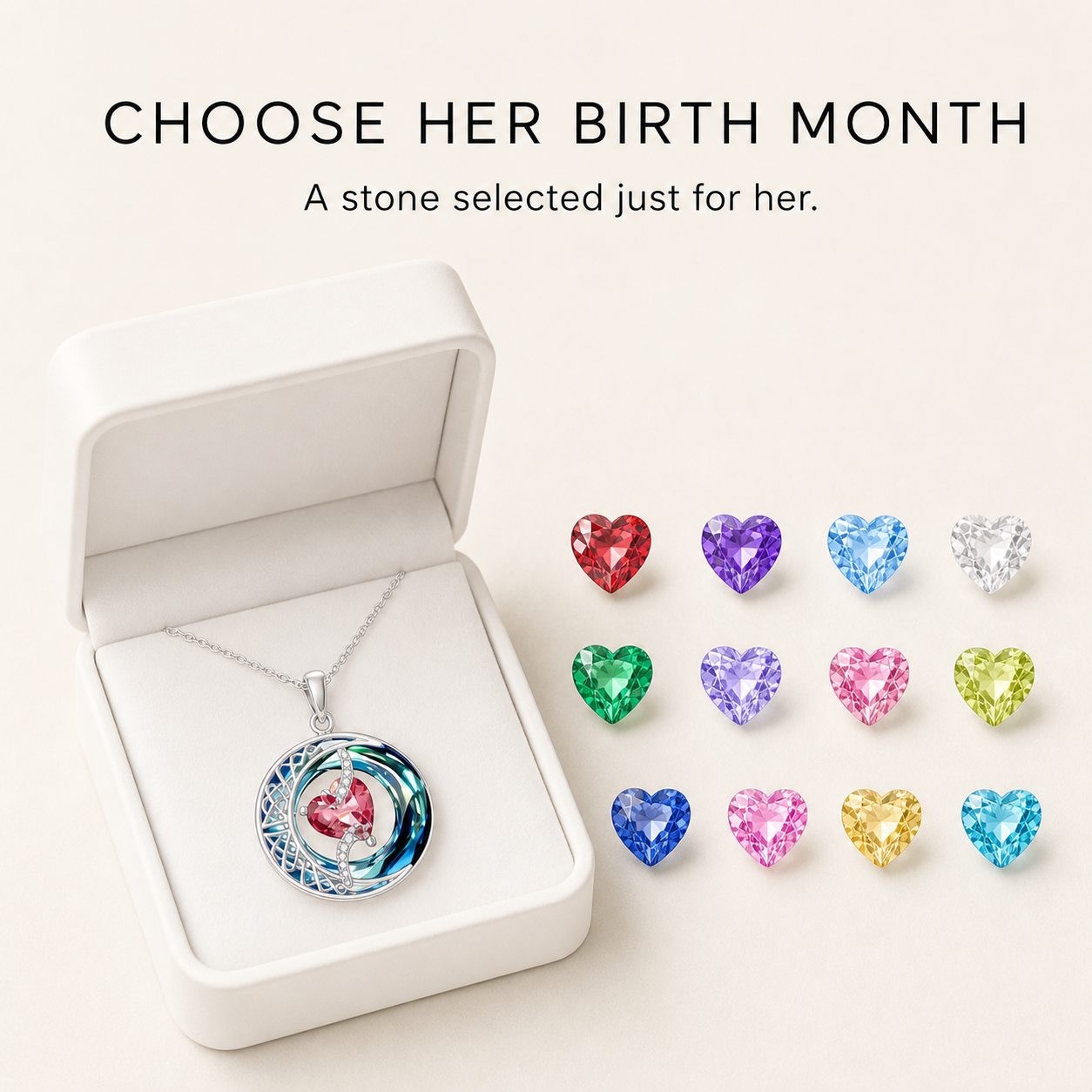 Moonlit Birthstone Heart Necklace | S925 Silver