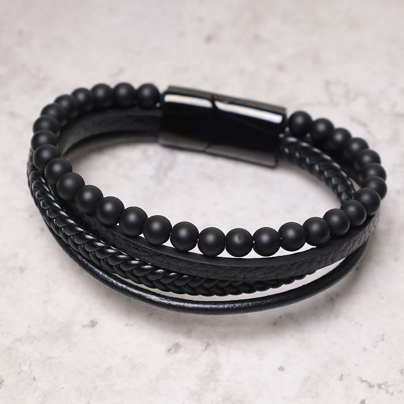 Lava Rock Black Onyx Bead Leather Bracelet