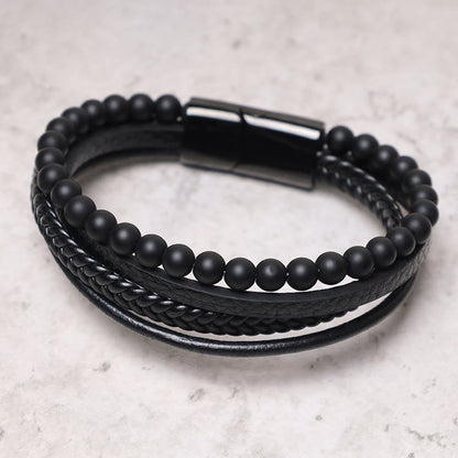 Lava Rock Black Onyx Bead Leather Bracelet