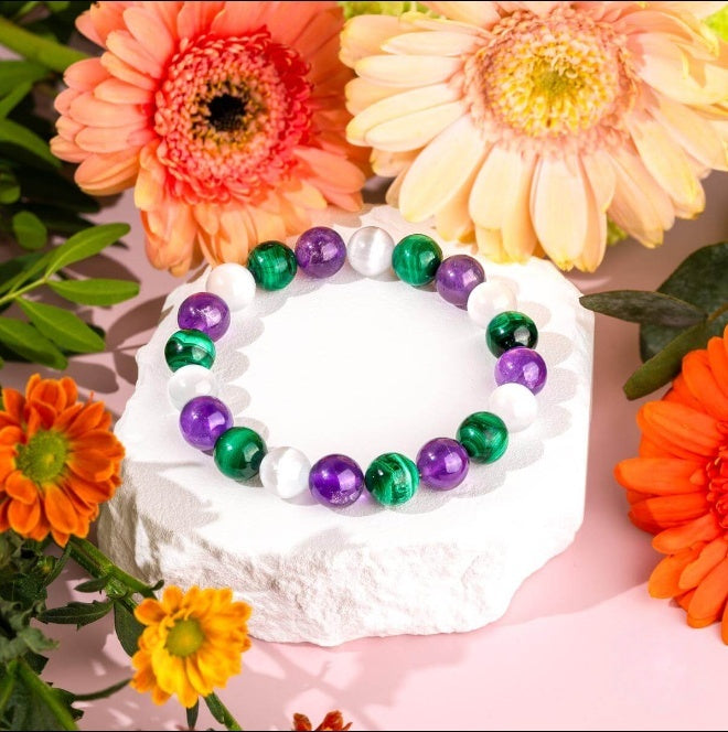 Amethyst Malachite Triple Bead Bracelet