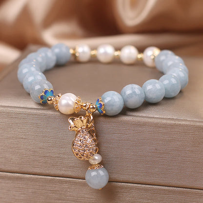 Aquamarine Pearl Money Bag Charm Bracelet