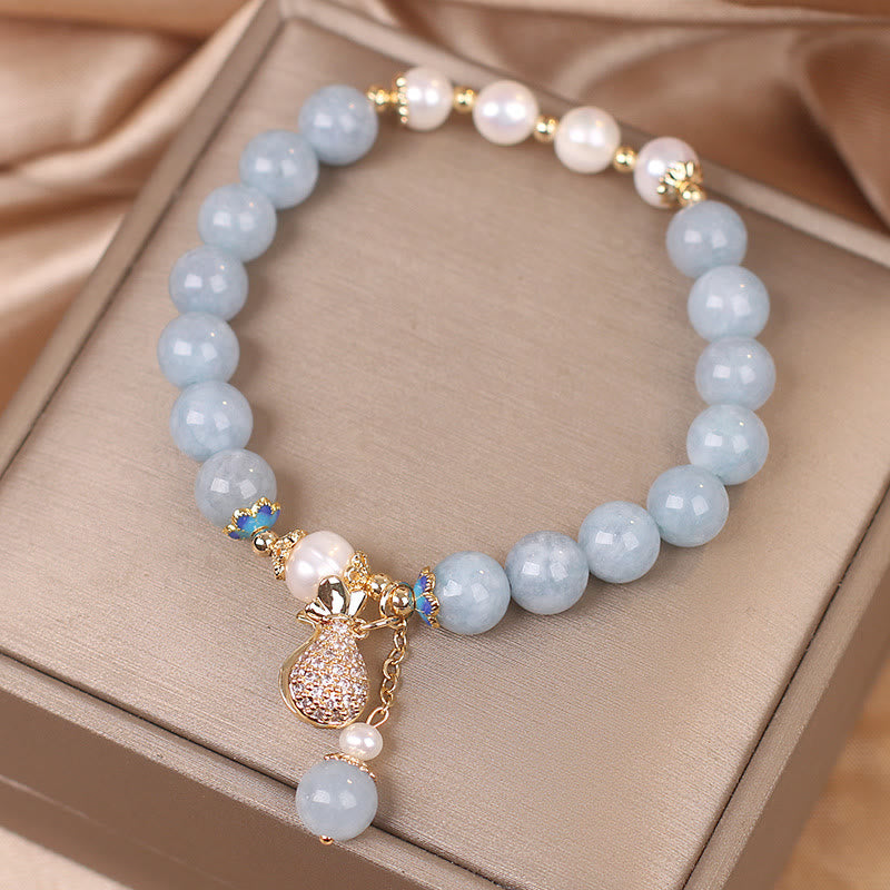 Aquamarine Pearl Money Bag Charm Bracelet