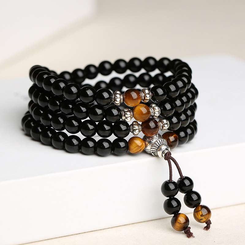 Black Obsidian Tiger's Eye Mala Bracelet
