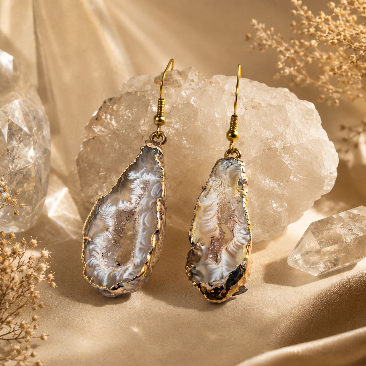 Statement Geode Slice Earrings – Goldtone