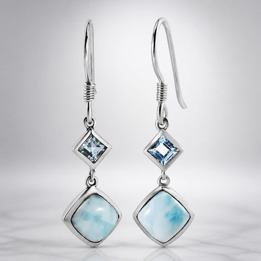 Larimar and Sky Blue Topaz J-Hook Earrings in Sterling Silver by Worn Within