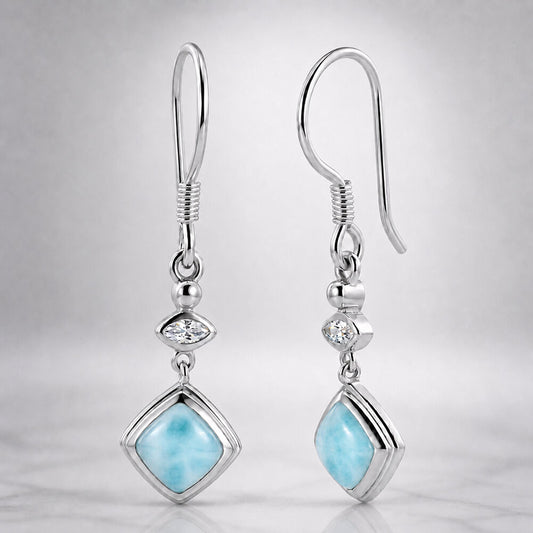 Larimar and White Zircon J-Hook Dangling Earrings in 925 Silver by Worn Within