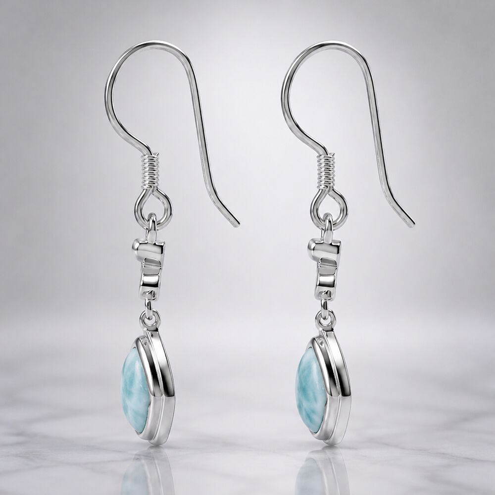 Larimar and White Zircon J-Hook Dangling Earrings in 925 Silver