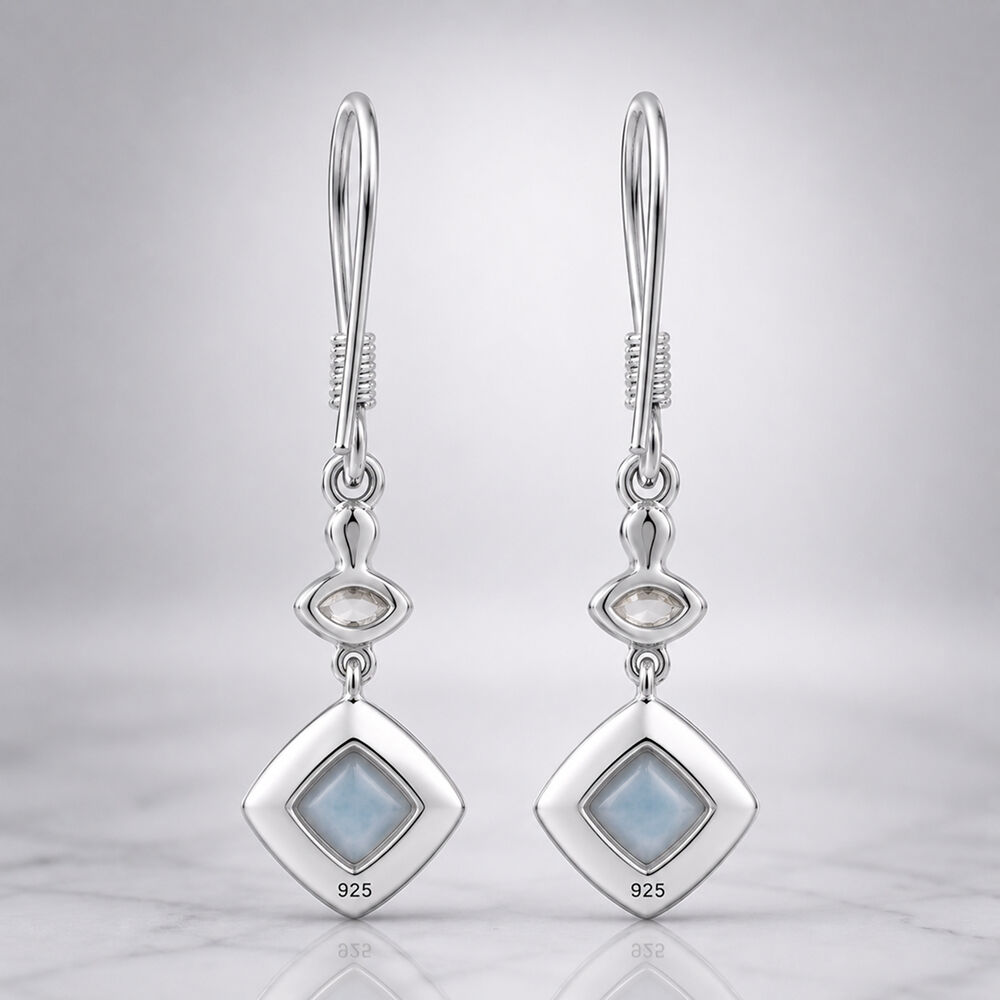 Larimar and White Zircon J-Hook Dangling Earrings in 925 Silver