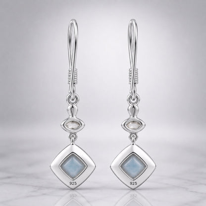 Larimar and White Zircon J-Hook Dangling Earrings in 925 Silver
