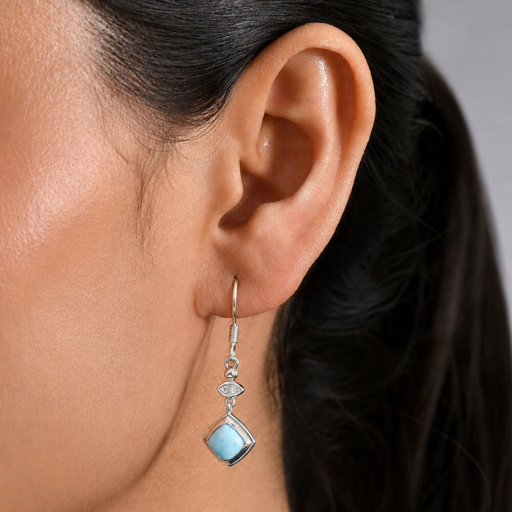 Larimar and White Zircon J-Hook Dangling Earrings in 925 Silver