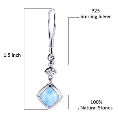 Larimar and White Zircon J-Hook Dangling Earrings in 925 Silver