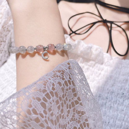 Strawberry Quartz Moonstone Moon Charm Bracelet