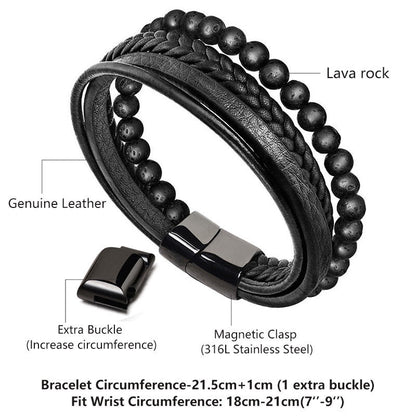 Lava Rock Black Onyx Bead Leather Bracelet