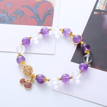 Amethyst White Crystal Cherry Charm Bracelet