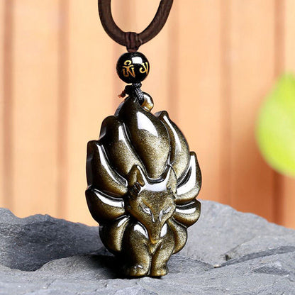 Obsidian Nine-Tailed Fox Pendant Necklace