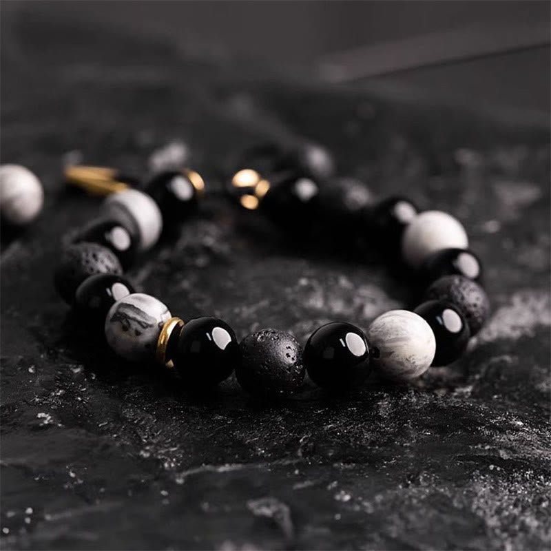 Black Obsidian Lava Rock Yin Yang Bracelet