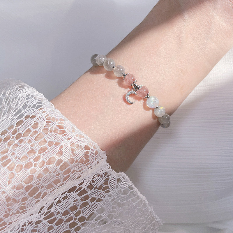 Strawberry Quartz Moonstone Moon Charm Bracelet