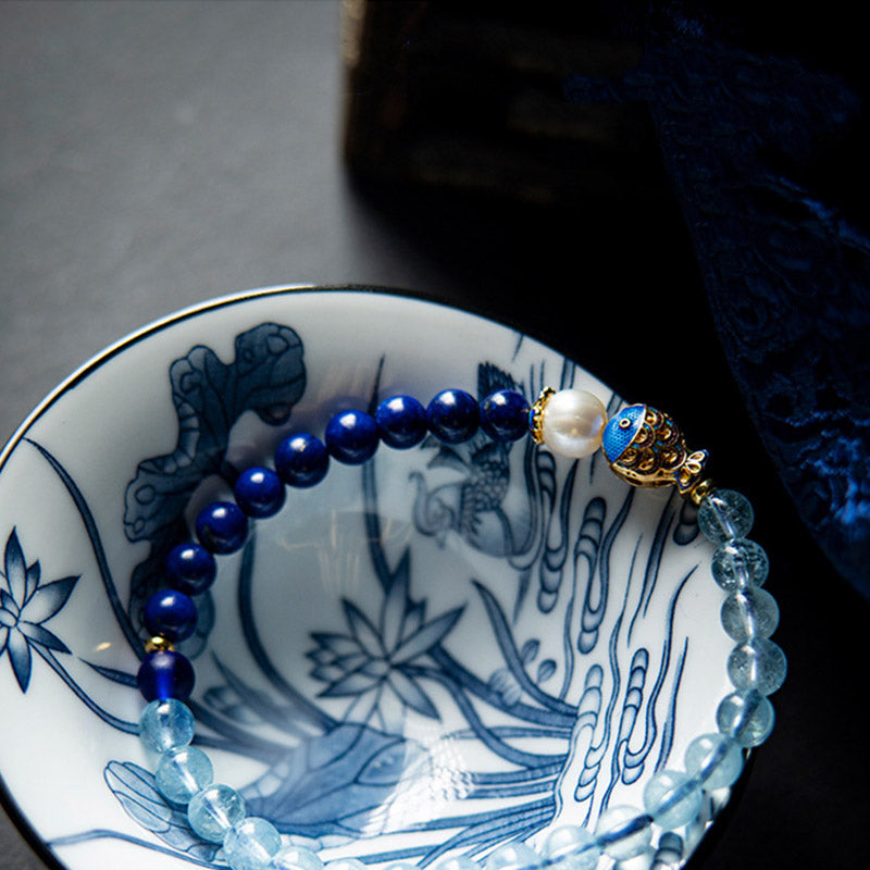 Aquamarine Lapis Fish Charm Bracelet