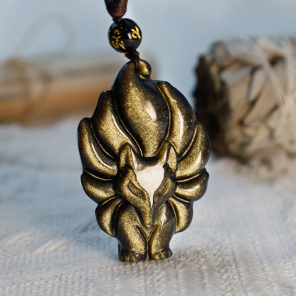 Obsidian Nine-Tailed Fox Pendant Necklace