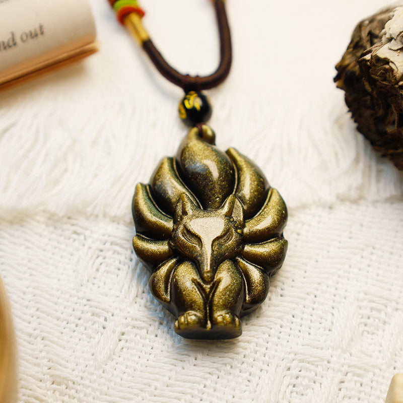 Obsidian Nine-Tailed Fox Pendant Necklace